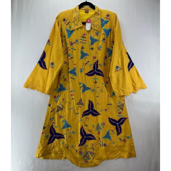 India Home Textile Dresses & Skirts - India Home Textile Dress Womens Sz M Golden Yellow Long Sleeve Lined Embroidered